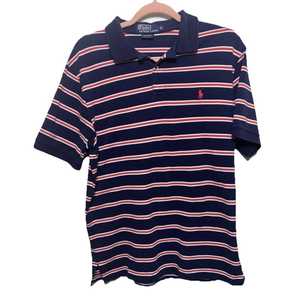 Polo Ralph Lauren Mens Pima Cotton Stripe Polo Medium Navy Red White Golf Preppy